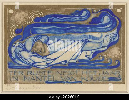 Ter Ruste tends the year in Cold, December cloak; Design calendar sheet for the Dutch Art Association Calendar 1930. Man in a cloak with the head leaning on the right arm, against a golden background with blue and white courses. Stock Photo