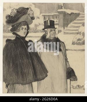 Land owners. On the left a young lady with hat and large cape, right an older gentleman with white whiskers, glasses, top hat and walking stick. Behind them shrubs, curb, stairs and balustrade, everything snowy. Inscription down side: landowners. Signed; R.O.: Jan De Waardt. Dated; R.O.: 99. Stock Photo