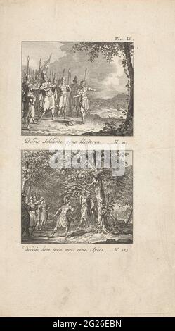 David belongs to the death of Saul and Jonatan / Absaloms dead. Two biblical performances. Above it brings a messenger to David and his men the message that Saul and Jonatan died. As proof he has taken the crown and the bracelet of King Saul. David tears his clothes. Below is absoral to his hair in a tree, while Joab kills him with a spear. At the top right: pl. IV. Stock Photo