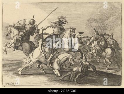 Battlefield scene with Turks; Equestrian battles. Battlefield scene in which a rider in Western clothing was a Turkish opponent on horseback. The print is part of a six-part series of prints with equestrian battles. Print Legal under numbered: 4. Stock Photo