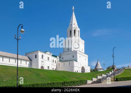 View of the ancient Spasskaya tower and the wall of the Kazan Kremlin Stock Photo