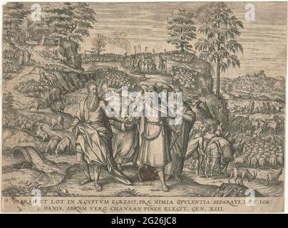 Separation between Abraham and Lot; Figurae et imageins bibliorum. Lot and Abraham had so much cattle that there was too little country and the shepherds of Lot and the shepherds of Abram argued. At the rear left, Abraham is therefore doing Lot the proposal to separate. They say goodbye to each other in the foreground. Lot leaves with his wife, daughters and possessions to the Jordan valley. At the bottom of a reference in Latin to the Bible text in Gen. 13. Legal under numbered: 6. Stock Photo