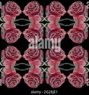 Seamless floral pattern on black square background Stock Photo