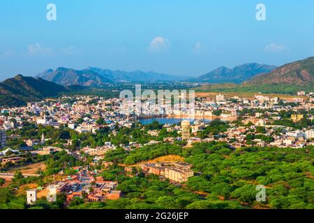 Pushkar town and lake aerial panoramic view in Rajasthan state of India Stock Photo