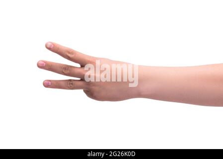 Gestures. One person's hand shows three fingers. Account concept 1,2,3,4,5. Stock Photo