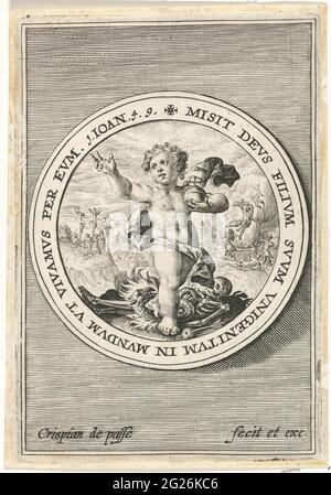 Putto as a salvator mundi; Putti that depict God's Word; Verbum dei. Medallion with putto as a Salvator Mundi who travels a devil and death. In the background the crucifixion and resurrection of Christ. The print has a frame with a bible quote from Joh. 4: 9 in Latin. Stock Photo