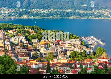 Locarno aerial panoramic view. Locarno is a town located on the shore of Lake Maggiore in the Ticino canton in Switzerland. Stock Photo