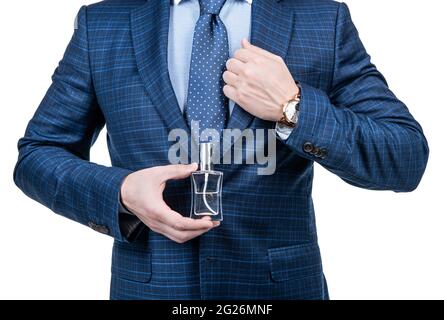 Man cropped view hold bottle isolated on white. Hygiene and personal grooming. Grooming product Stock Photo