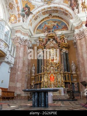 innsbruck austria july 27 2020: Interior of the St. James Cathedral with valuable frescoes and decorations in innsbruck Stock Photo