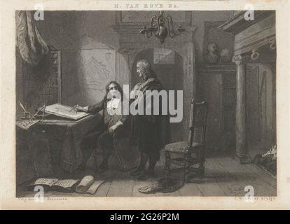 Jacob van Campen designs the town hall. In a room Jacob van Campen is at a desk. He has a passer in his hand and looks at the man who stands next to him. Next to the desk hangs a floor plan and a book is a hat in the foreground. Stock Photo
