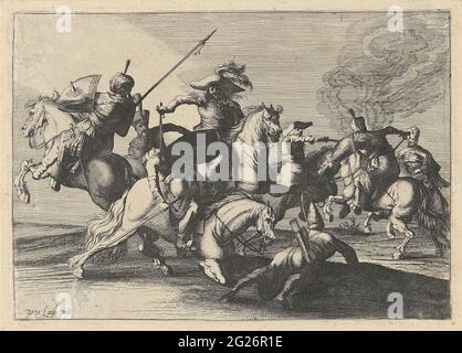Battlefield scene with Turks; Equestrian battles. Battlefield scene in which a rider in Western clothing was a Turkish opponent on horseback. The print is part of a six-part series of prints with equestrian battles. Stock Photo