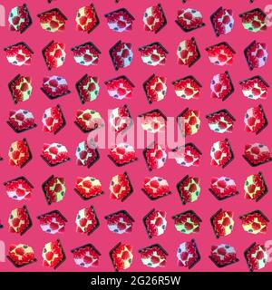 Pink cake with raspberries and whipped cream on fuchsia raspberry pattern  Stock Photo