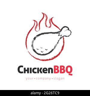 Fried Chicken leg vector logo design template with flames. Charcola drawing in Barbecue concept. Line art style sign, symbol. Stock Vector