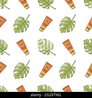 Sun protection factor and tropic foliage background. SPF cream and exotic leaves template for skincare cosmectics, wallpaper, web, wrapping paper, texture, prints Stock Vector