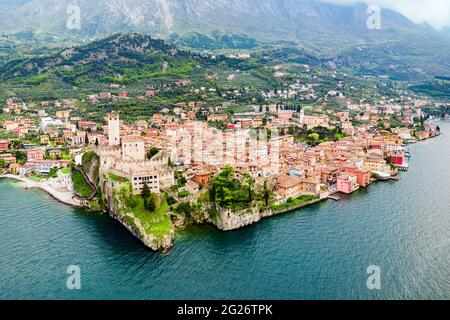 Malcesine aerial panoramic view. Malcesine is a small town on the shore of Lake Garda in Verona province, Italy Stock Photo