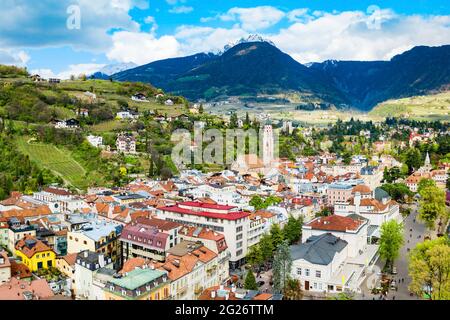 Merano city centre aerial panoramic view. Merano or Meran is a town in South Tyrol in northern Italy. Stock Photo