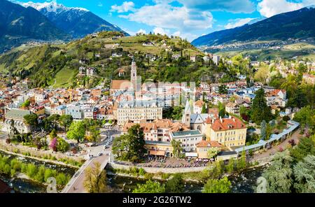 Merano city centre aerial panoramic view. Merano or Meran is a town in South Tyrol in northern Italy. Stock Photo