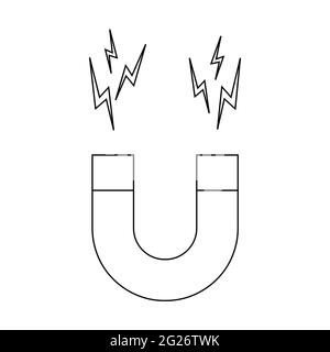 Horseshoe magnet with lightning flash outline icon. Symbol of magnetic power, attraction, influence. Editable stroke. Vector illustration in linear style. Stock Vector