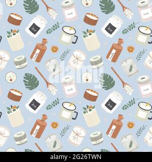 Modern scented candles, seamless pattern, natural wax decorated candles, various craft design, home aromatheraphy, interior decoration, hand drawn Stock Vector