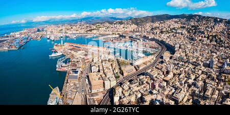Genoa port aerial panoramic view. Genoa or Genova is the capital of Liguria region in Italy. Stock Photo