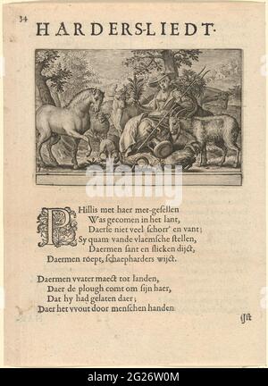 Pales. Landscape with the goddess Pales (Roman goddess of the shepherds, agriculture and animal husbandry) surrounded by various animals. With an empty margin under the show. Below the print and on the versose-side letterpress in Dutch. Stock Photo