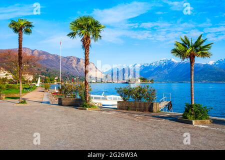 Waterfront in the Stresa town, located at the shore of the Lago Maggiore Lake in north Italy. Stock Photo