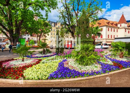 Public park Merano city centre view. Merano or Meran is a town in South Tyrol province in northern Italy. Stock Photo