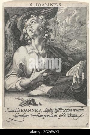 Evangelist Johannes; The four evangelists. The Evangelist Johannes, at a table with writing utensils, with an opened book in hand. His attribute is the eagle behind him. At the bottom of the margin a two-legged text in Latin. Stock Photo