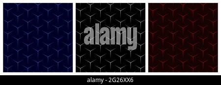 Set of abstract geometric seamless pattern with lines.Luxury of blue,black,and red dark background. Stock Vector