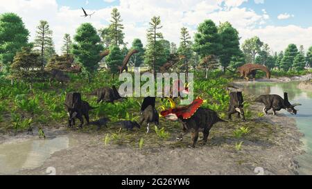 Artist's concept of the Javelina Formation in Texas. Pictured are Bravoceratops, a few troodons and a small herd of Alamosaurus. Stock Photo