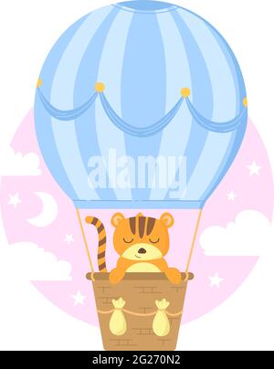 Cute baby tiger in basket flaying on blue balloon among pink sky with clouds. Stock vector illustration isolated on white background in flat cartoon Stock Vector