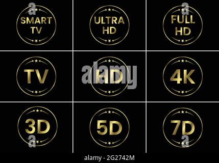 Golden TV icon set. TV labels TV HD 3D 5D 7D Smart TV Full HD 4K Ultra HD Stock Vector