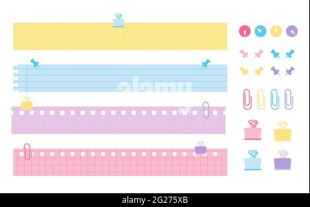 Flat stationery set. Pieces colored paper notes with color lined. Horizontal templates checkered, line or dot sheet with perforation. Office or school element push pin, paper clip. Vector illustration Stock Vector