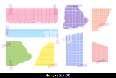 Set of ripped paper various color and shapes with adhesive tape. Torn page chunk pieces with tattered edge. Templates sheet with linear, squared, dotted or grid patterns. Memo note Vector illustration Stock Vector