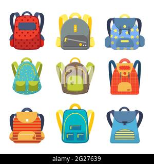 Set of colored kids school backpacks in flat style. Education, study back to school, rucksack. Isolated on white background. Vector illustration. Stock Vector