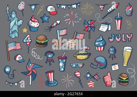 4th of July, Independence Day of the United States of America celebration themed doodle set, simple flat colored with shading elements vector pack. Stock Vector