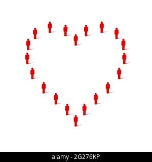 Human crowd in the shape of heart. Large people group. Stick figure red simple icons. Vector illustration. Stock Vector