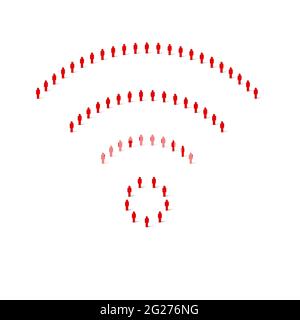 Human crowd in the shape of wifi symbol. Large people group. Stick figure red simple icons. Vector illustration. Stock Vector