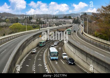 Sendai, Japan - 2018 Apr 15 : Cars and buses running on elevated roads in Sendai city. A bird's-eye view of the multi-storey street and Sendai city Stock Photo