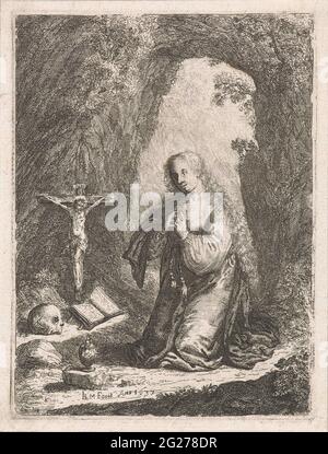 Bootless Mary Magdalene. The penitent Maria Magdalena kneeled on the ground at a crucifix, a opened book and a skull. The ointment pot is for her. In the background the opening of a cave. Stock Photo