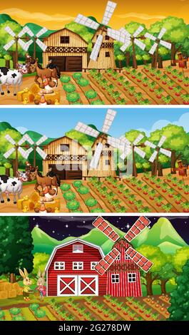 Different farm scenes with old farmer and animal cartoon character illustration Stock Vector