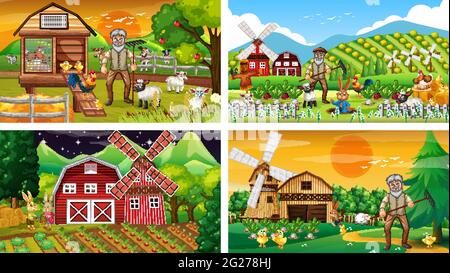 Different farm scenes with old farmer and animal cartoon character illustration Stock Vector