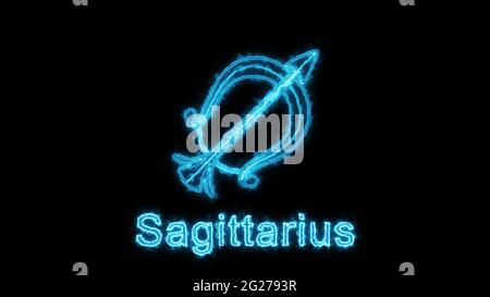 The Sagittarius zodiac symbol, horoscope sign lighting effect green neon glow. Royalty stock photo Sagittarius signs isolated on black background Stock Photo