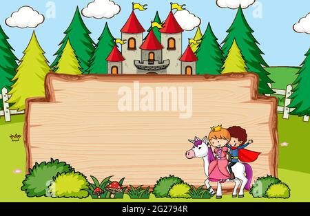 Empty wooden banner in the forest scene with fairy tale cartoon character and elements illustration Stock Vector