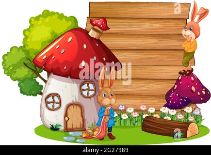 Blank banner in the garden with two rabbits isolated illustration Stock Vector