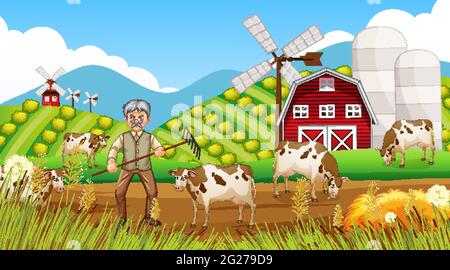 Farm at daytime scene with old farmer man and farm animals illustration ...