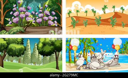 Four different nature horizontal scene illustration Stock Vector