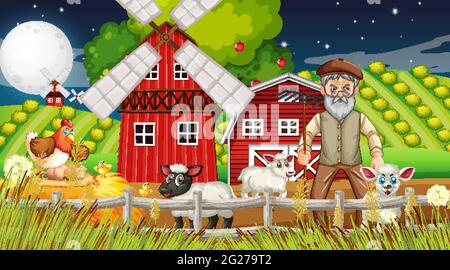 Farm scene at night with old farmer man and cute animals illustration ...