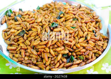 Fried Silkworm Larvae Sold in the Market Stock Photo