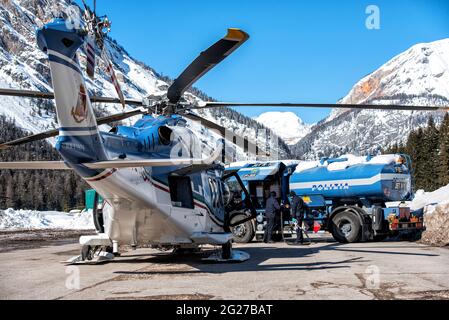 Italian Polizia di Stato new AW-139 helicopter prepares to be refueled, Italy. Stock Photo
